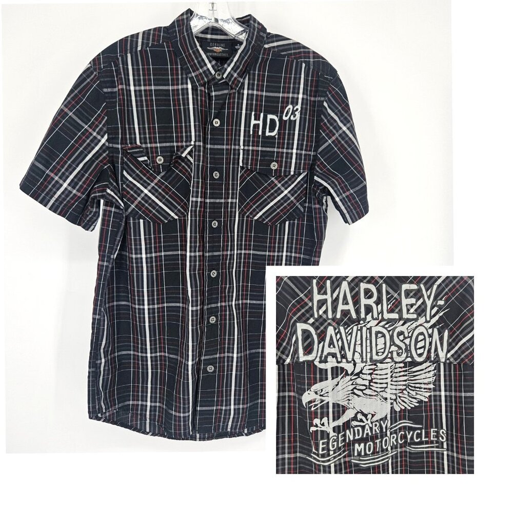 Harley Davidson Shirt Mens Medium Black Plaid HD03 Legendary Motorcycles Eagle